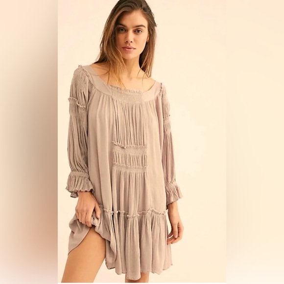 Free People Dresses & Skirts - Free People Flowy Pleated Mini Dress XS Oversized Smocked Long Sleeve Boho